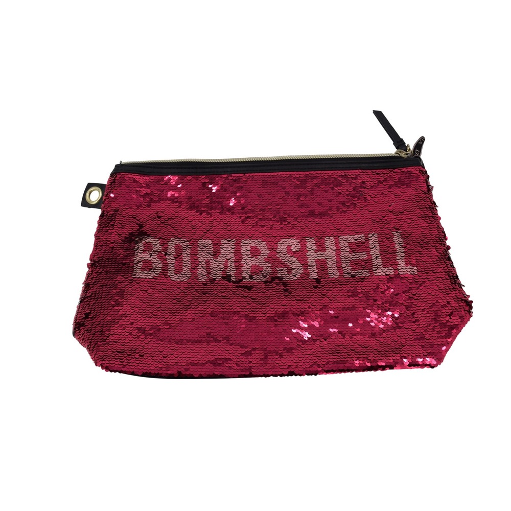 Victorias Secret Bombshell Sequin Makeup Bag Magenta Pink Black Pouch Zip Top